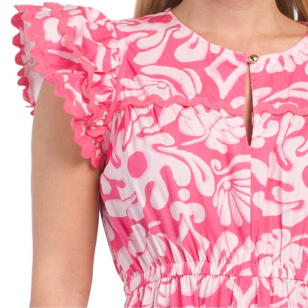 Sail to Sable Pink and White Ric Rac Tiered Ruffle Sleeve Midi Dress L - Picture 3 of 9